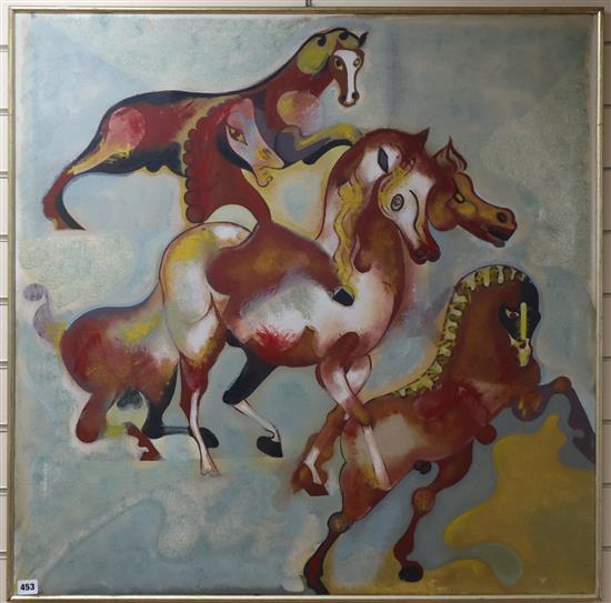 Gibello (20th century Spanish), oil on canvas, Stylised study of horses, 91 x 91cm